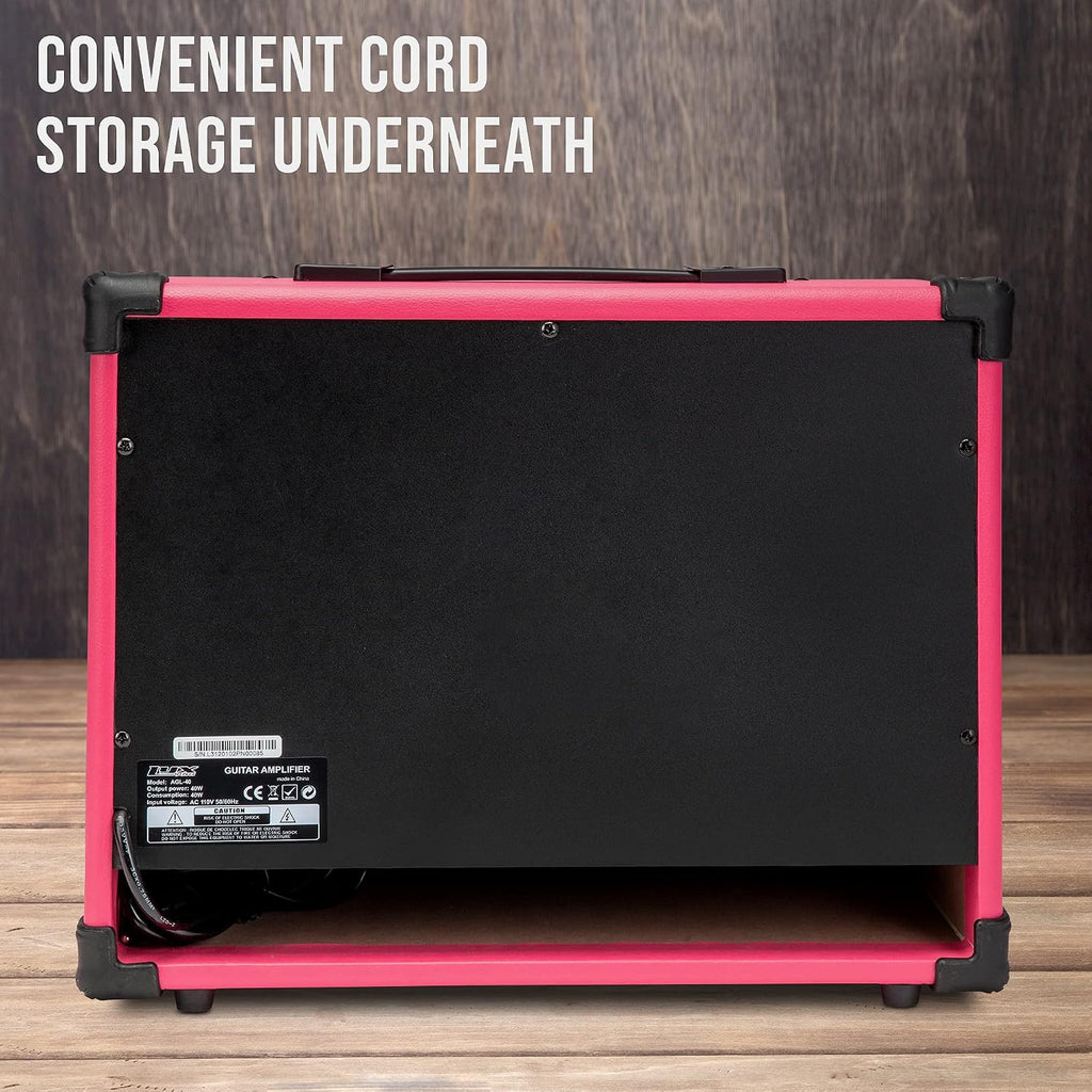 LyxPro 40 Watt Electric Guitar Amplifier | Combo Solid State Studio Amp with 8' 4-Ohm Speaker, Custom EQ Controls, Drive, Delay, ¼' Passive/Active/Microphone Inputs, Aux In & Headphone Jack - Pink