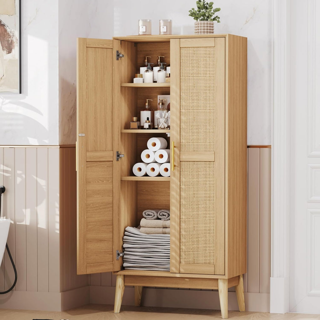 Keehusux 55' Rattan Tall Storage Cabinet, Bathroom Floor Cabinet with 2 Doors, Adujustable Shelf and Solid Wood Legs, Cupboard, Kitchen Pantry for Living Room, Dining Room, Natural KES020MCWG