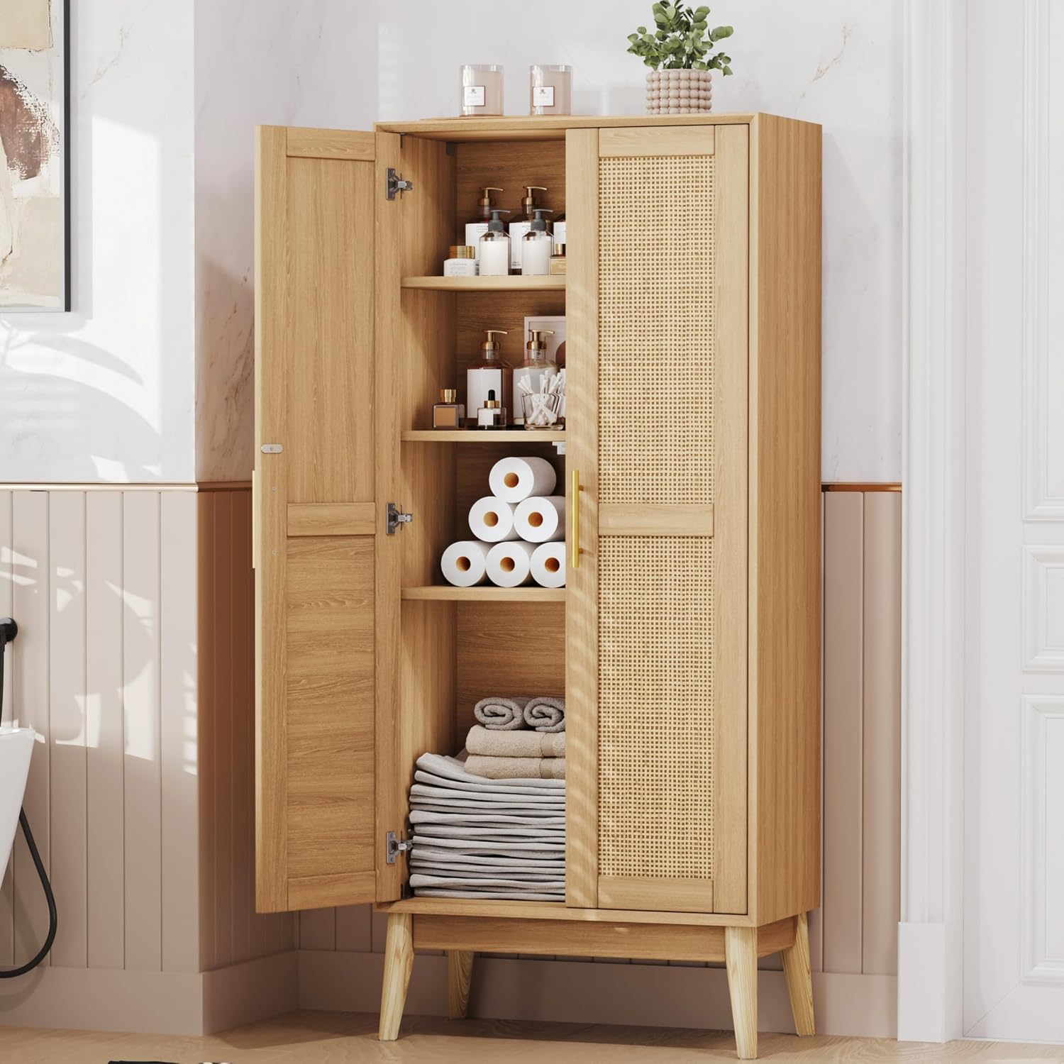 Keehusux 55' Rattan Tall Storage Cabinet, Bathroom Floor Cabinet with 2 Doors, Adujustable Shelf and Solid Wood Legs, Cupboard, Kitchen Pantry for Living Room, Dining Room, Natural KES020MCWG