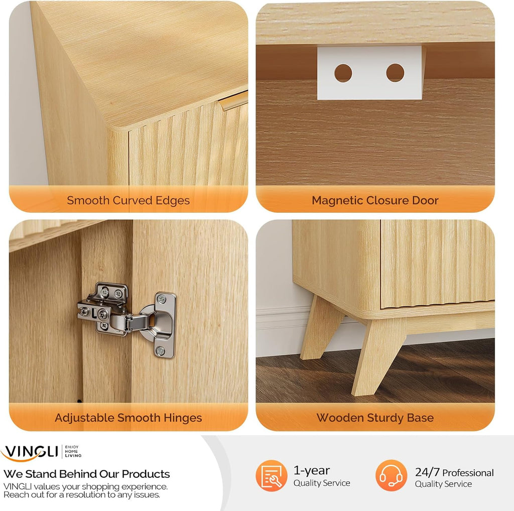 VINGLI 55' Buffet Cabinet with Storage, Fluted 4 Doors Sideboard Cabinet with Adjustable Shelves, Modern Storage Cabinet with Doors for Kitchen, Dining Room & Living Room, Natural Oak