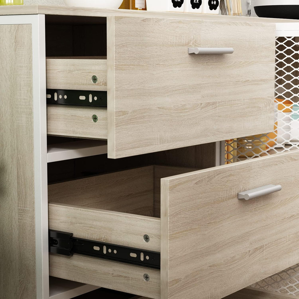 ECACAD Modern Wood Sideboard Buffet Storage Cabinet with Hutch, 3 Metal Mesh Doors, 3 Drawers & 5 Compartments, Kitchen Pantry Cupboard Console Table for Living Room, Dining Room, Light Oak