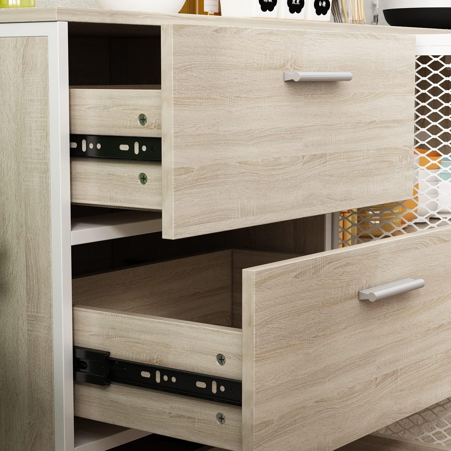 ECACAD Modern Wood Sideboard Buffet Storage Cabinet with Hutch, 3 Metal Mesh Doors, 3 Drawers & 5 Compartments, Kitchen Pantry Cupboard Console Table for Living Room, Dining Room, Light Oak