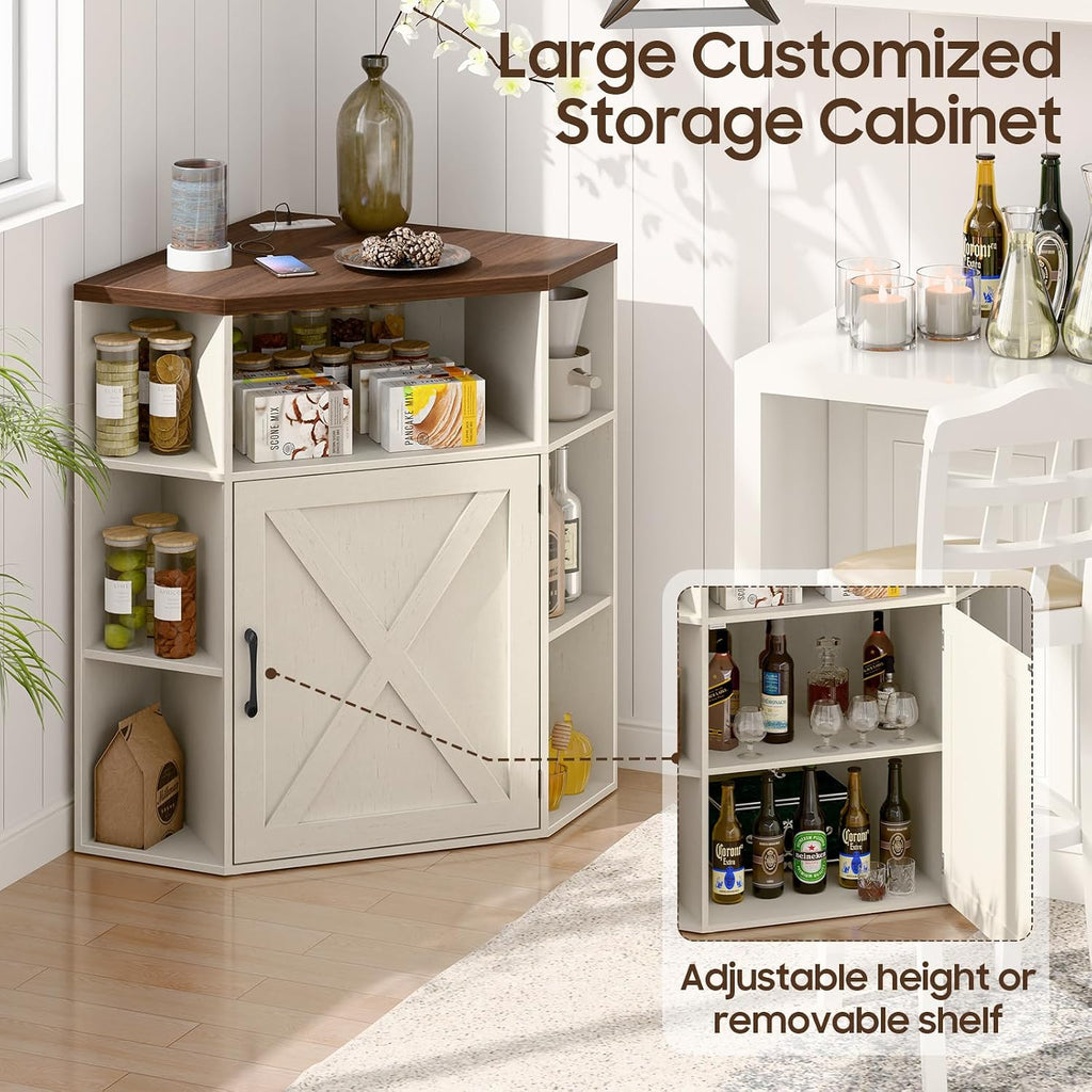 Vabches Corner Cabinet, Corner Storage Shelf with USB Ports and Outlets Industrial Organizer for Small Space Wooden 6-Cubby Bookshelf for Study, Playroom, Living Room (Off White)