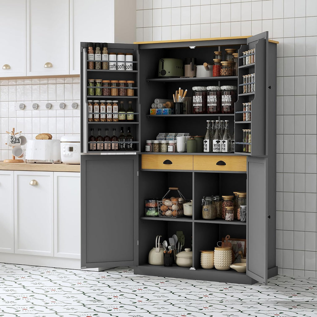 Ball & Cast 71.3' Freestanding Kitchen Pantry with 2 Built-in Drawers and Adjustable Shelves,Storage Cupboard Cabinet with 8 Door Shelves,for Kitchen,Dining Room,Living Room,Apartment,Gray