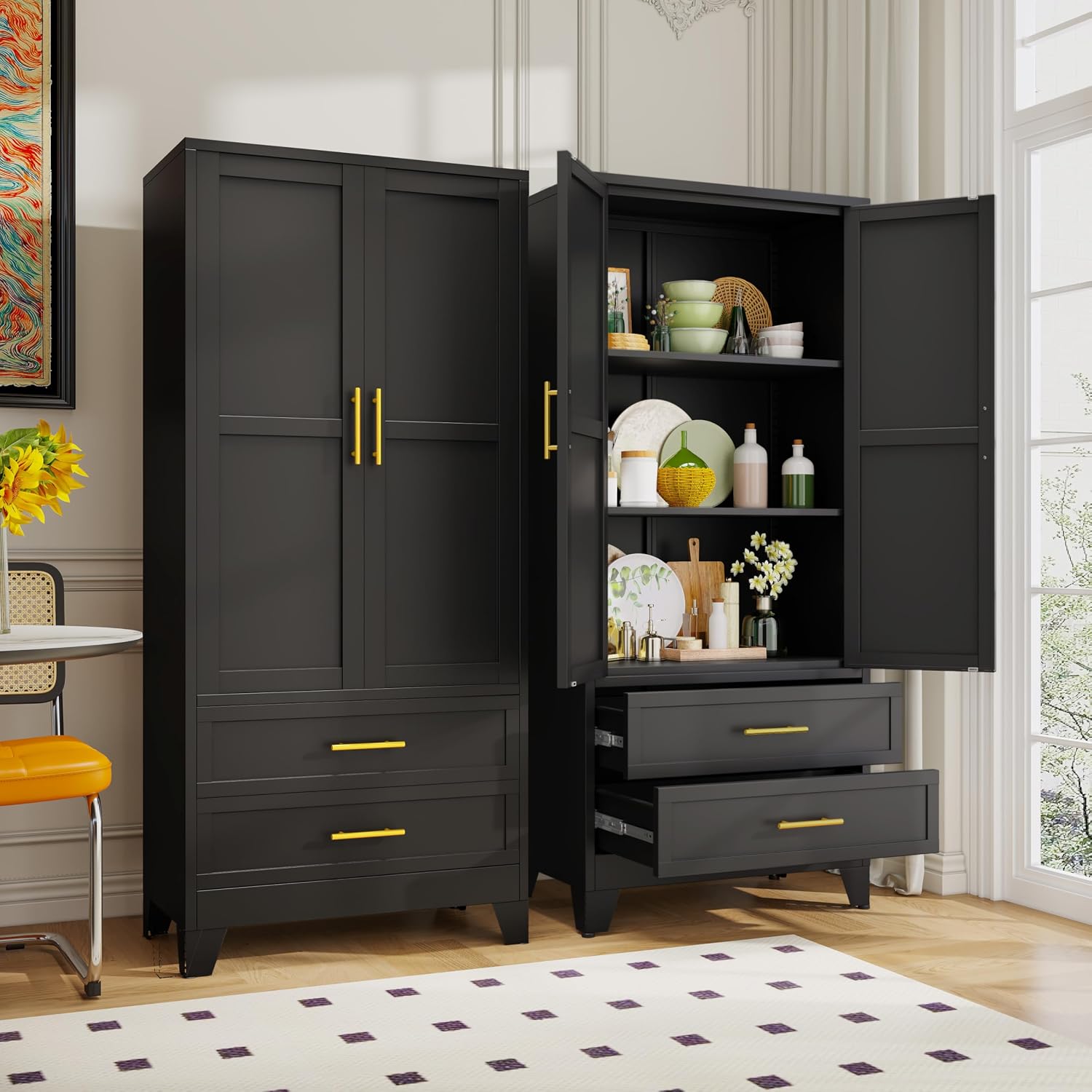 GAIOUS Steel Pantry Cabinet, 71' Metal Storage Cabinets with 2 Doors, 2 Adjustable Shelf and 2 Drawers, Freestanding Storage Cabinet for Bedroom, Kitchen, Home Office (Black)
