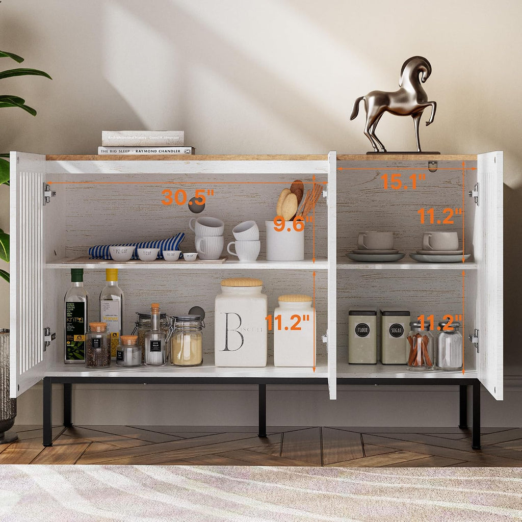 BVIUNTWO 47' Farmhouse Buffet Cabinet with Metal Base, Adjustable Shelves & 3 Doors, Antique White Storage Sideboard for Kitchen, Dining & Living Room
