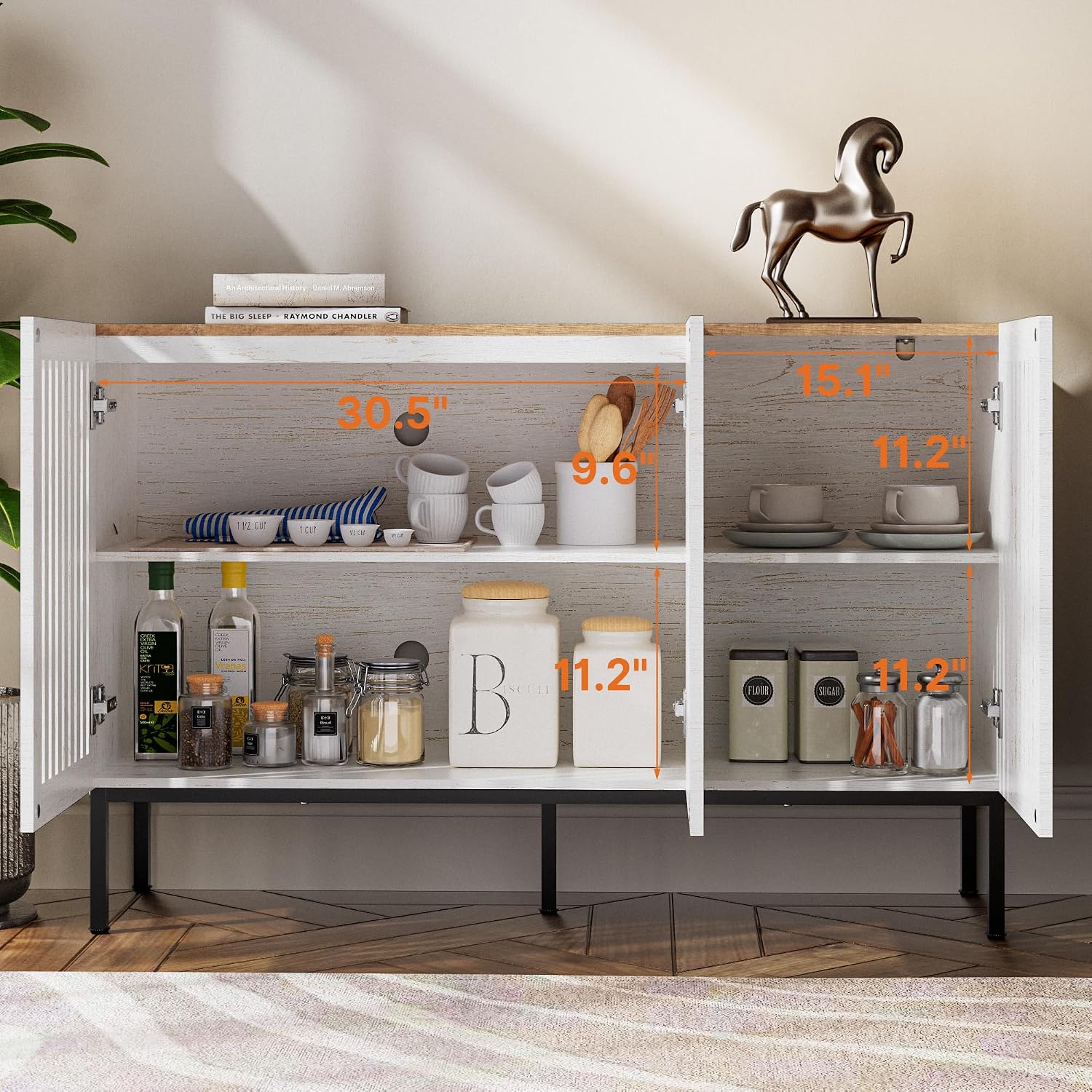 BVIUNTWO 47' Farmhouse Buffet Cabinet with Metal Base, Adjustable Shelves & 3 Doors, Antique White Storage Sideboard for Kitchen, Dining & Living Room