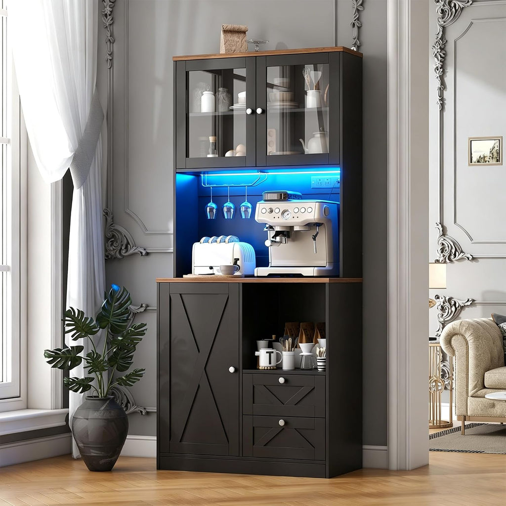 71' Tall Coffee Bar Cabinet with Storage Hutch, Farmhouse Kitchen Pantry Cabinet with LED Lights Microwave Stand and Glass Holder for Home Dining Room Kitchen (Black)