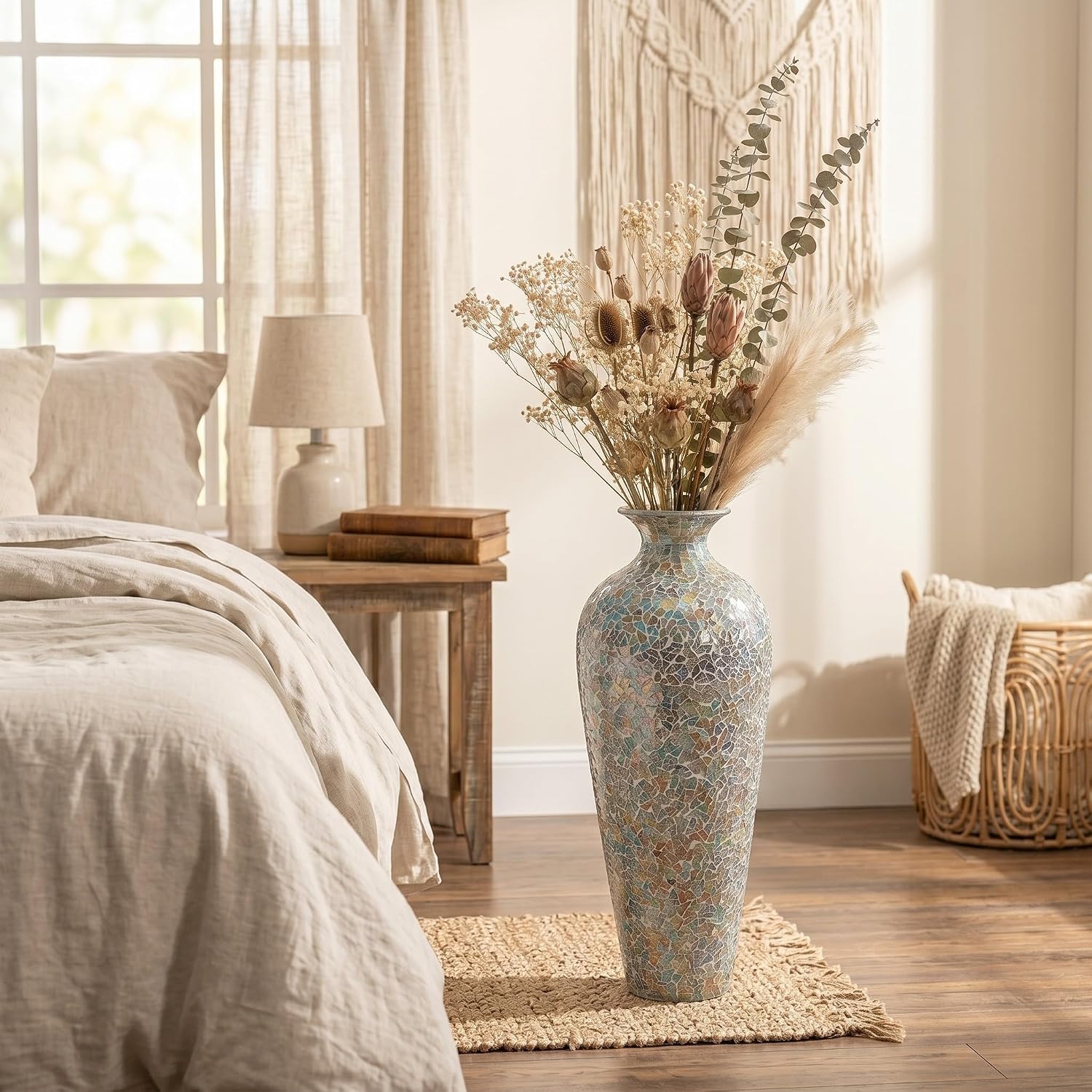 20 Inch Mosaic Floor Vase – Tall Handmade Iron Boho Vase with Rainbow Multicolor Glass Tile | Decorative Centerpiece for Living Room, Bedroom, Entryway | Dried Flower & Pampas Grass Holder
