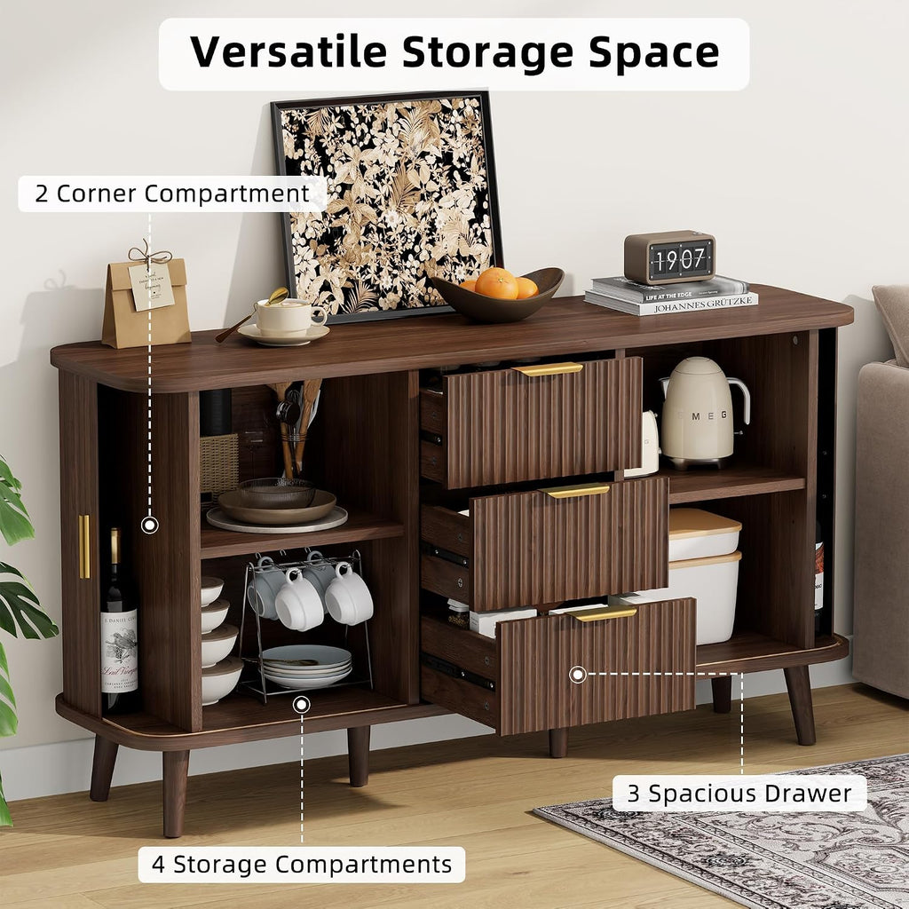 Lulive Walnut Buffet Cabinet, 55' Wide Sideboard Buffet Storage Cabinet with Rolling & Sliding Doors, Modern Bar Cabinet for Kitchen & Dining Room