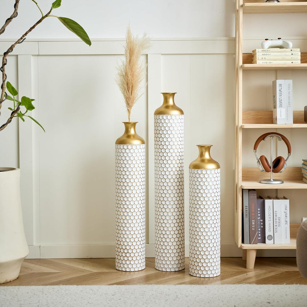 3-piece/Set Large Metal Floor Vases, Decorative Tall Set of 3 Handmade Vintage Modern Home Decor Center Vases Standing Flower Holder for Home Décor Indoor (White Gold Cellular)