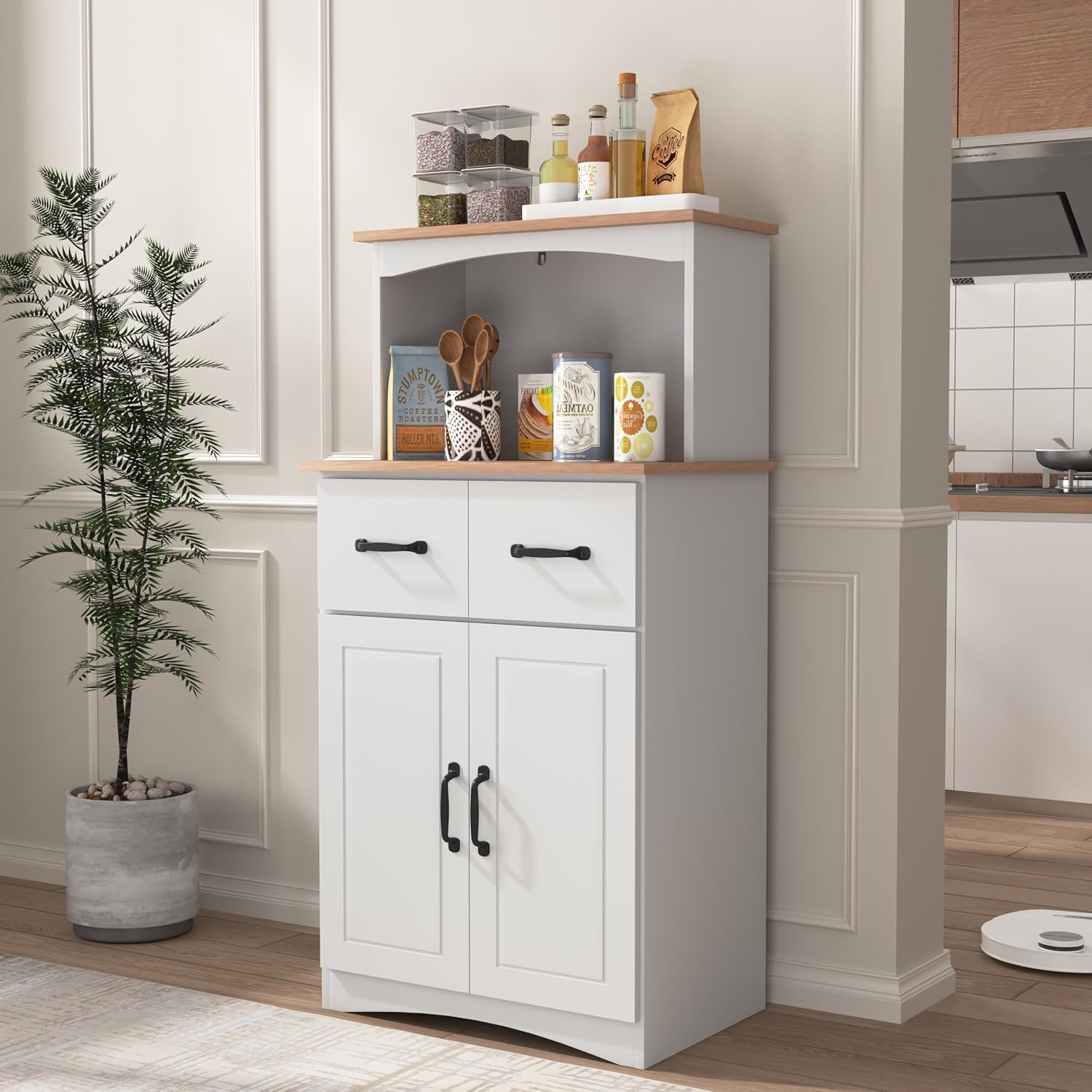 GDFStudio Wooden Kitchen Pantry Cabinet with Microwave Stand & Storage Drawer, Modern MDF Storage Cabinet with Adjustable Shelf, 2 Doors, Rectangle Home Organization Cupboard, White