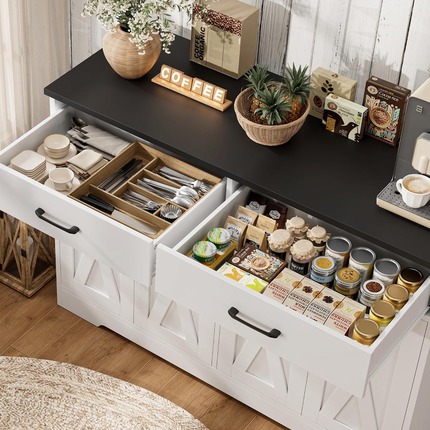 HOSTACK Buffet Cabinet with Storage, 47.2' Kitchen Sideboard Buffet with Drawers, Modern Farmhouse Coffee Bar Station with Shelves, Barn Doors Storage Cabinet for Living Room, White/Black