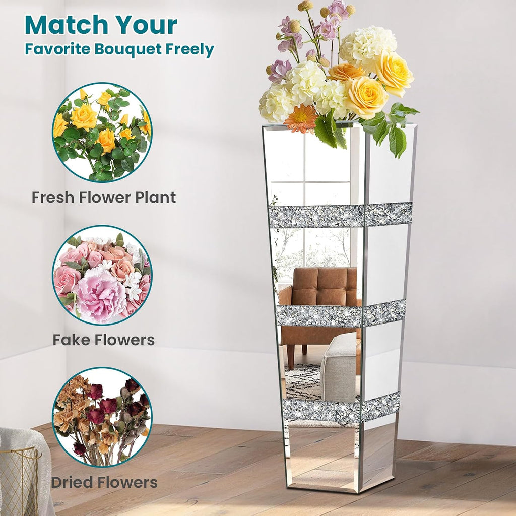 28' Tall Crushed Diamond Floor Vase, Silver Large Vases for Decor Living Room, Crystal Mirrored Home Decor Vases for Dried Flower