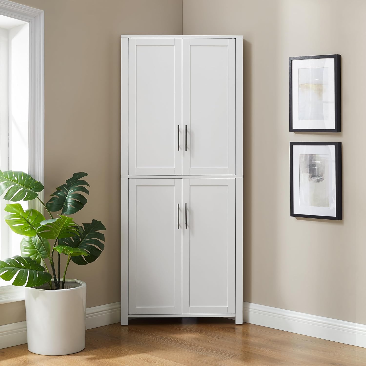 Crosley Furniture Savannah Traditional Corner Pantry Storage Cabinet with Shelves, Kitchen, Dining, Laundry, White