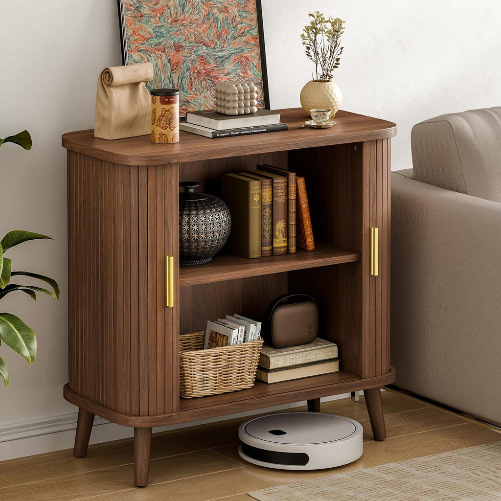 Lulive Walnut Buffet Cabinet, Sideboard Buffet Storage Cabinet with Rolling & Sliding Doors, Modern Bar Cabinet for Kitchen & Dining Room