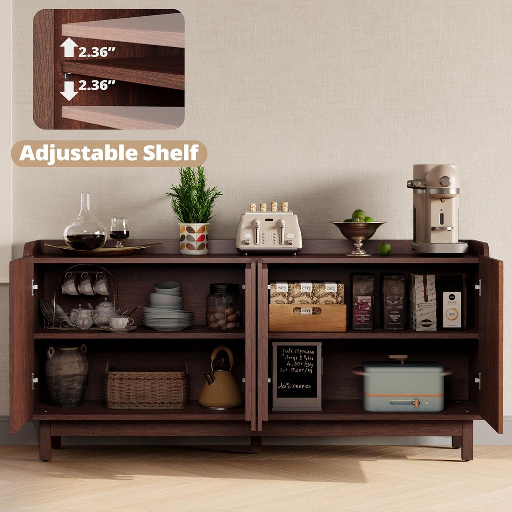 IRONCK 63' Storage Cabinet, Buffet Cabinet with Grille Doors and 2 Adjustable Shelves, Mid Century Sideboard for Kitchen, Dining Room, Entryway（Natural Red Walnut）