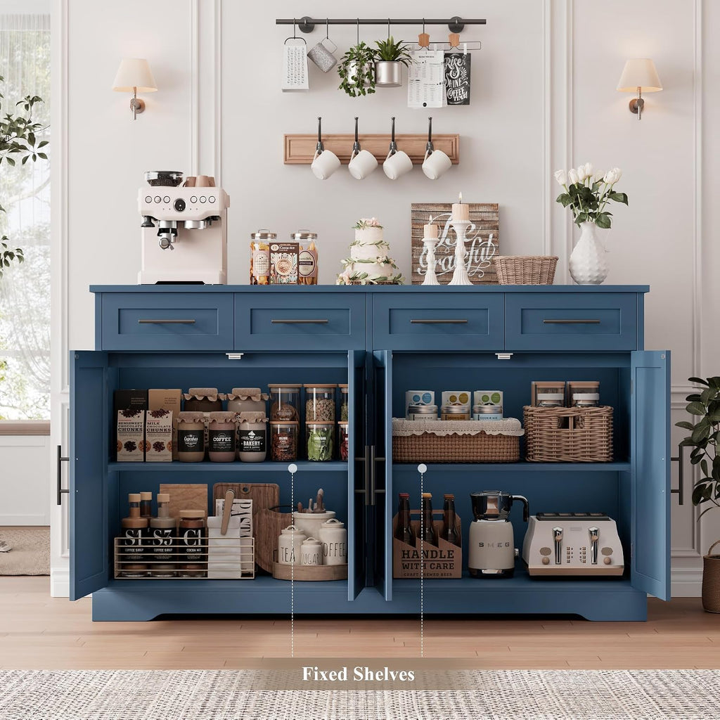 HOSTACK 60' Large Buffet Sideboard with Storage, 36' Tall Kitchen Buffet Storage Cabinet with 4 Drawers, Modern Coffee Bar Cabinet with Black Handles, Long Sideboard Buffet Table for Kichen, Blue
