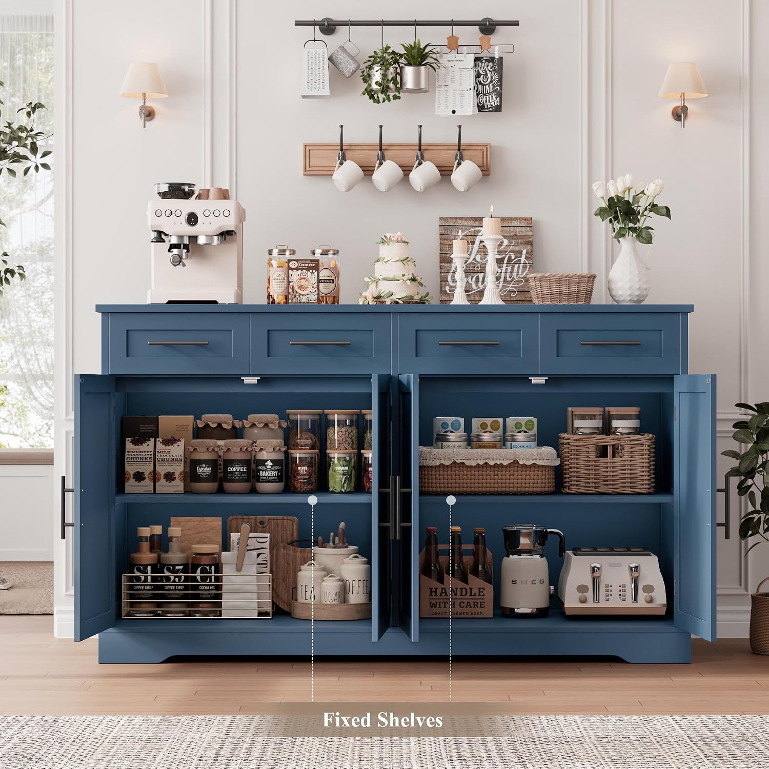 HOSTACK 60' Large Buffet Sideboard with Storage, 36' Tall Kitchen Buffet Storage Cabinet with 4 Drawers, Modern Coffee Bar Cabinet with Black Handles, Long Sideboard Buffet Table for Kichen, Blue