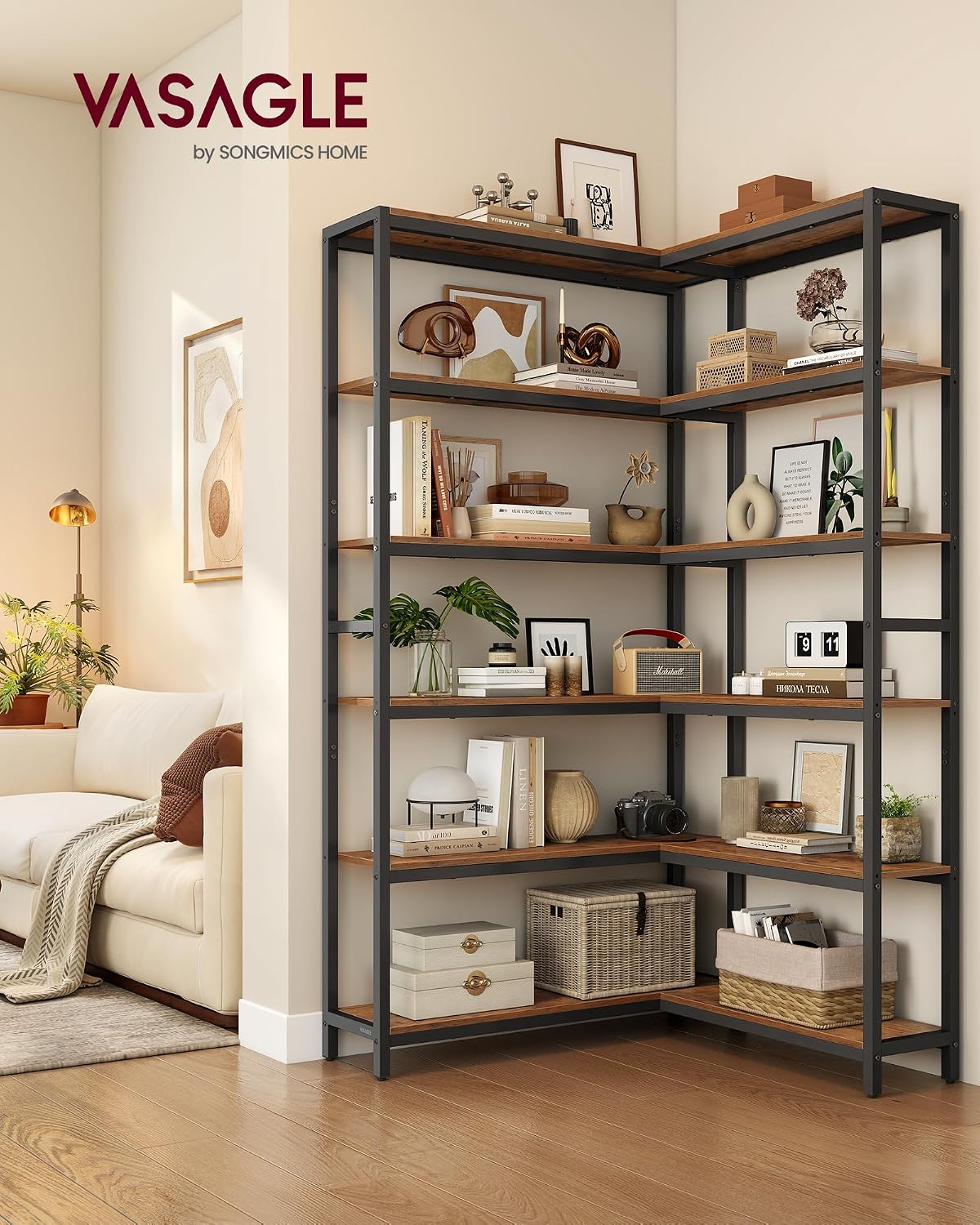 VASAGLE 6 Tier Bookshelf with Metal Frame, Convertible Industrial Corner Shelf, 9.4 x 52.8 x 69 Inches, for Living Room, Bedroom, Home Office, Rustic Brown and Ink Black ULLS806K01