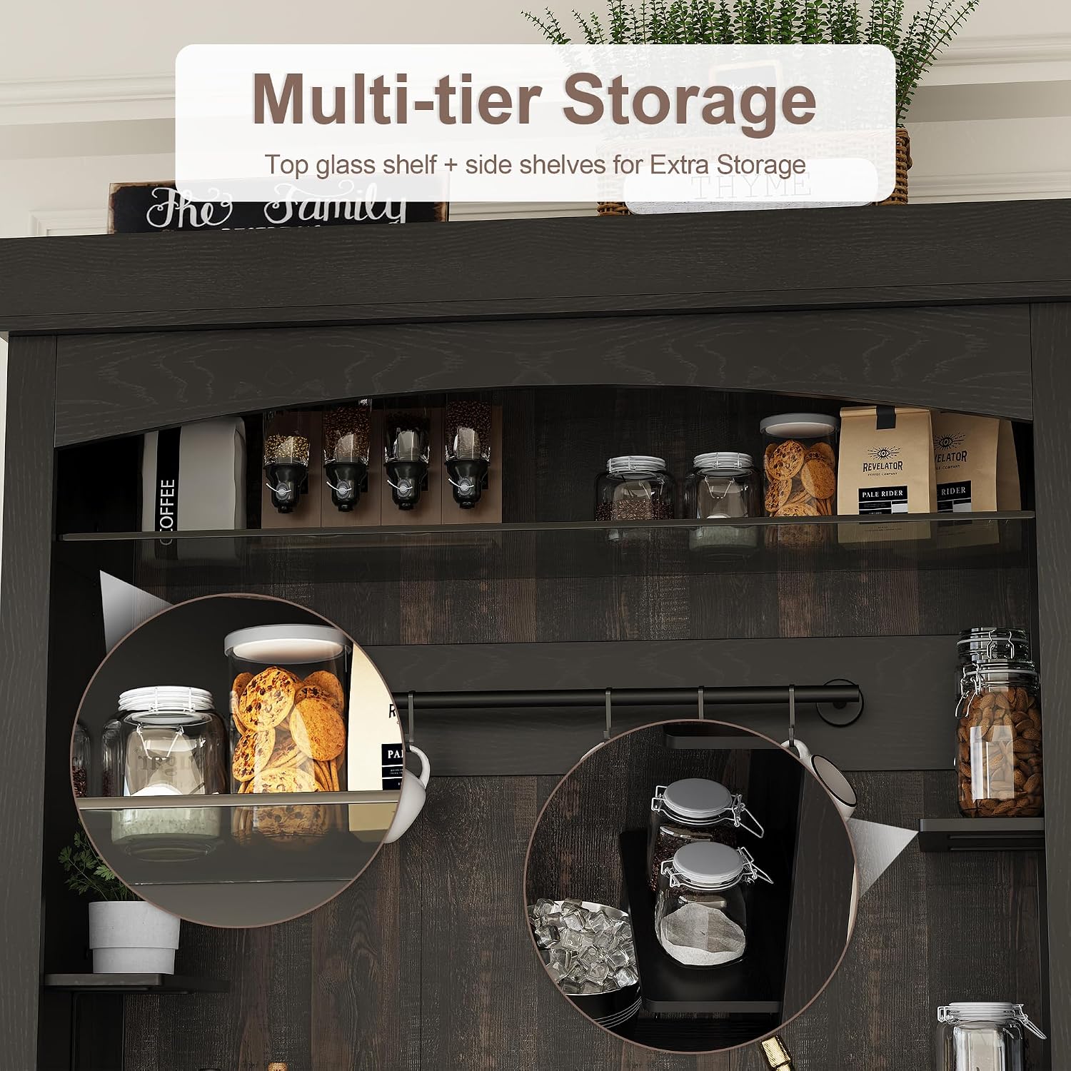 GarveeHome Coffee Bar Cabinet with LED Lights,72 '' Tall Buffet Cabinet with Storage,Farmhouse Kitchen Sideboard Tall Coffee Hutch with Microwave Stand/Wine Rack/Glass Shelf Dining Room (Black)