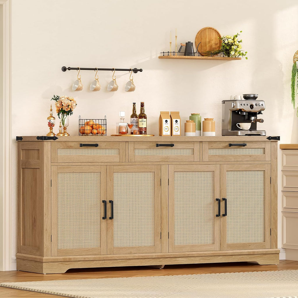 usikey 61' Large Buffet Cabinet with Storage, Sideboard Cabinet with 4 Doors and 3 Drawers, Farmhouse Buffet Table, Dining Room Storage Cabinet for Kitchen or Living Room, Natural