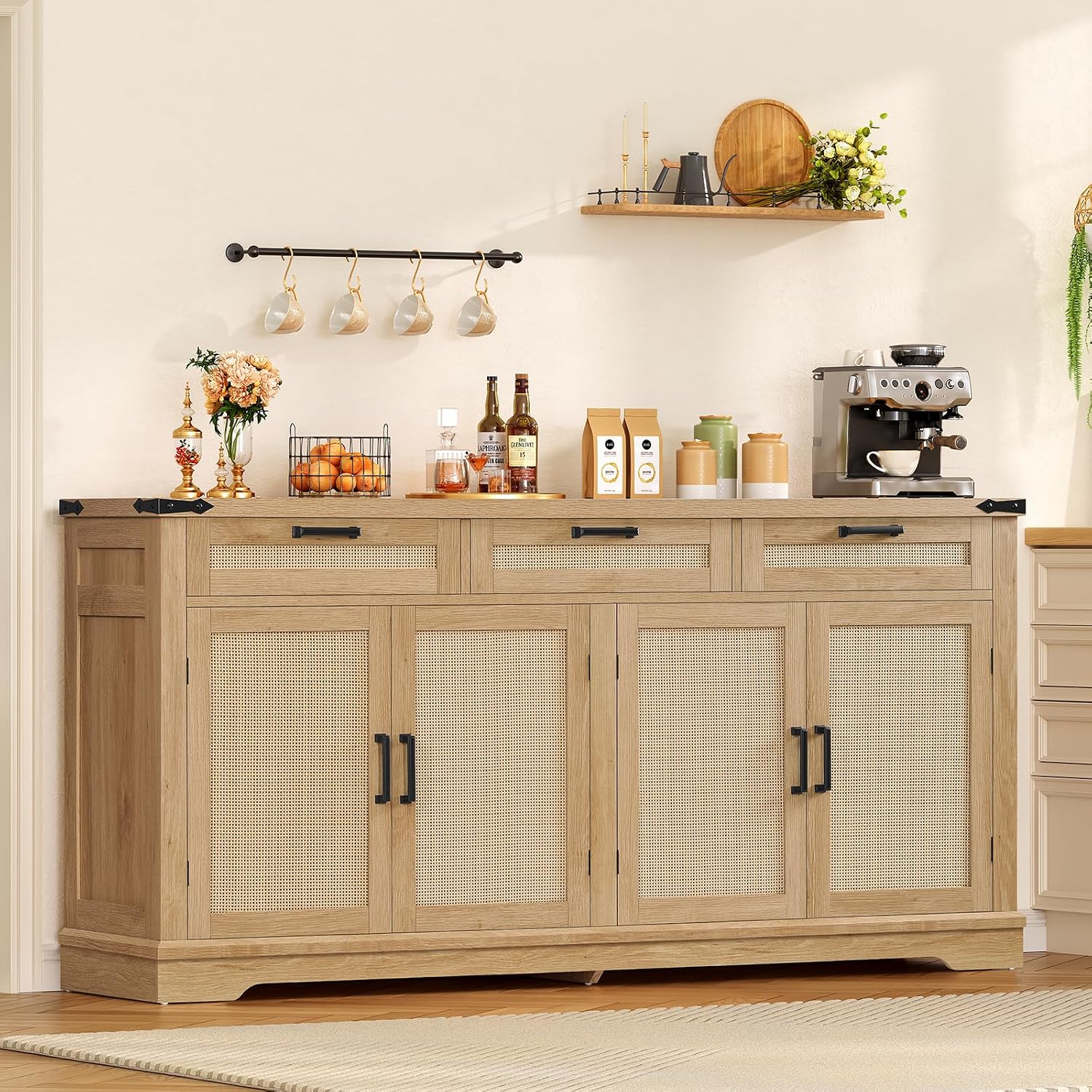 usikey 61' Large Buffet Cabinet with Storage, Sideboard Cabinet with 4 Doors and 3 Drawers, Farmhouse Buffet Table, Dining Room Storage Cabinet for Kitchen or Living Room, Natural