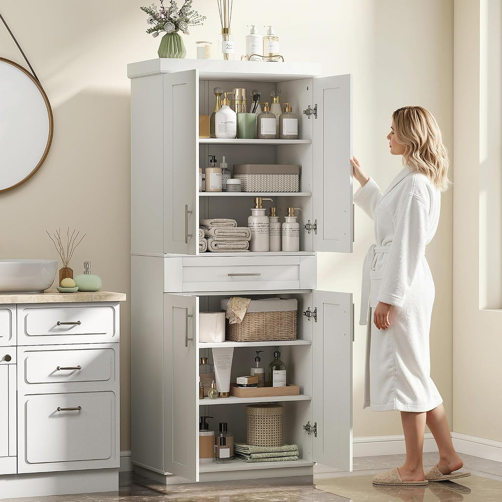 HOMCOM 72' Kitchen Pantry Cabinet, Freestanding Tall Storage Cabinet with 4 Doors, Drawer and 3 Adjustable Shelves for Dining Room, White
