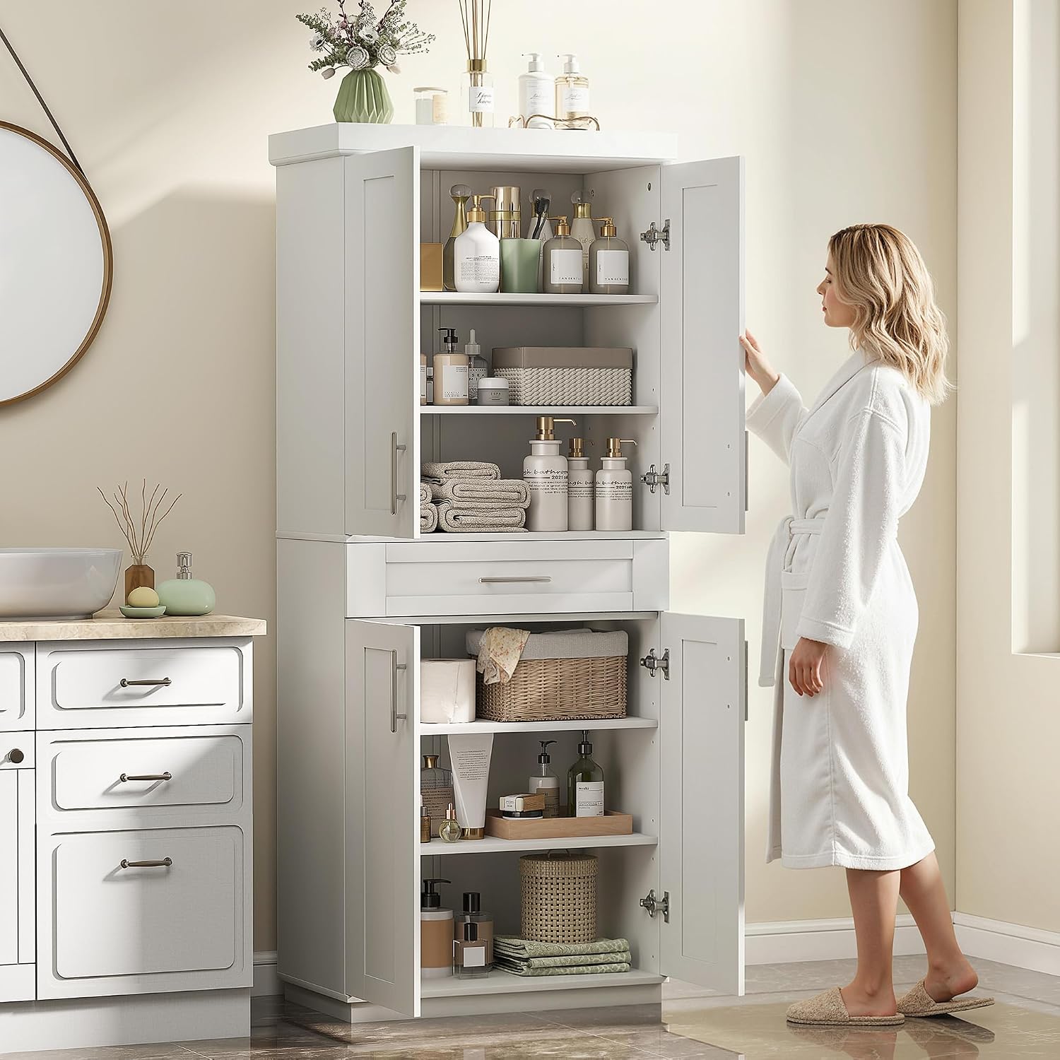 HOMCOM 72' Kitchen Pantry Cabinet, Freestanding Tall Storage Cabinet with 4 Doors, Drawer and 3 Adjustable Shelves for Dining Room, White