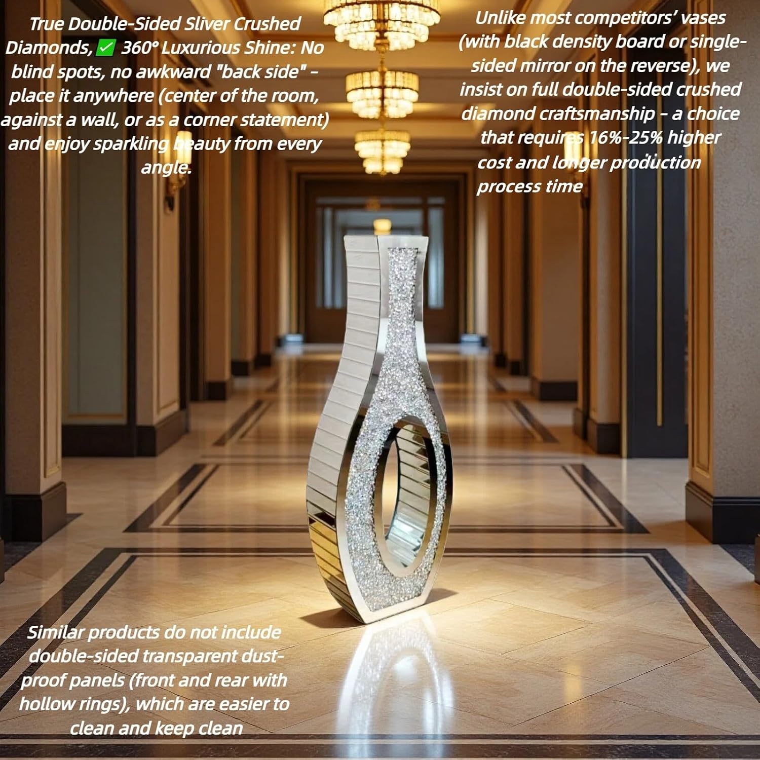 30' Tall Double Sided Crushed Diamond Floor Vases, Large Hollow Out Dustproof Vase for Living Room, Floor Vases Decorative Tall for Home,Office,Hotel(11.8' L x 5.37' W x 30' H)