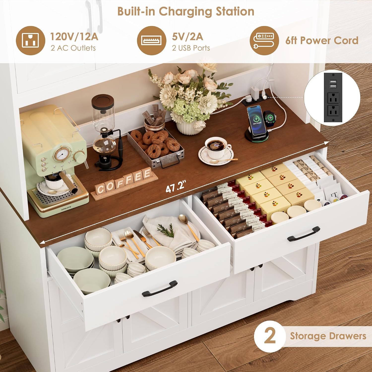 HIFIT 71' Tall Kitchen Pantry Cabinet with RGB LED and Charging Station, Farmhouse Coffee Bar Cabinet with Large Countertop and 6 Hooks, Kitchen Hutch Storage Cabinet, White