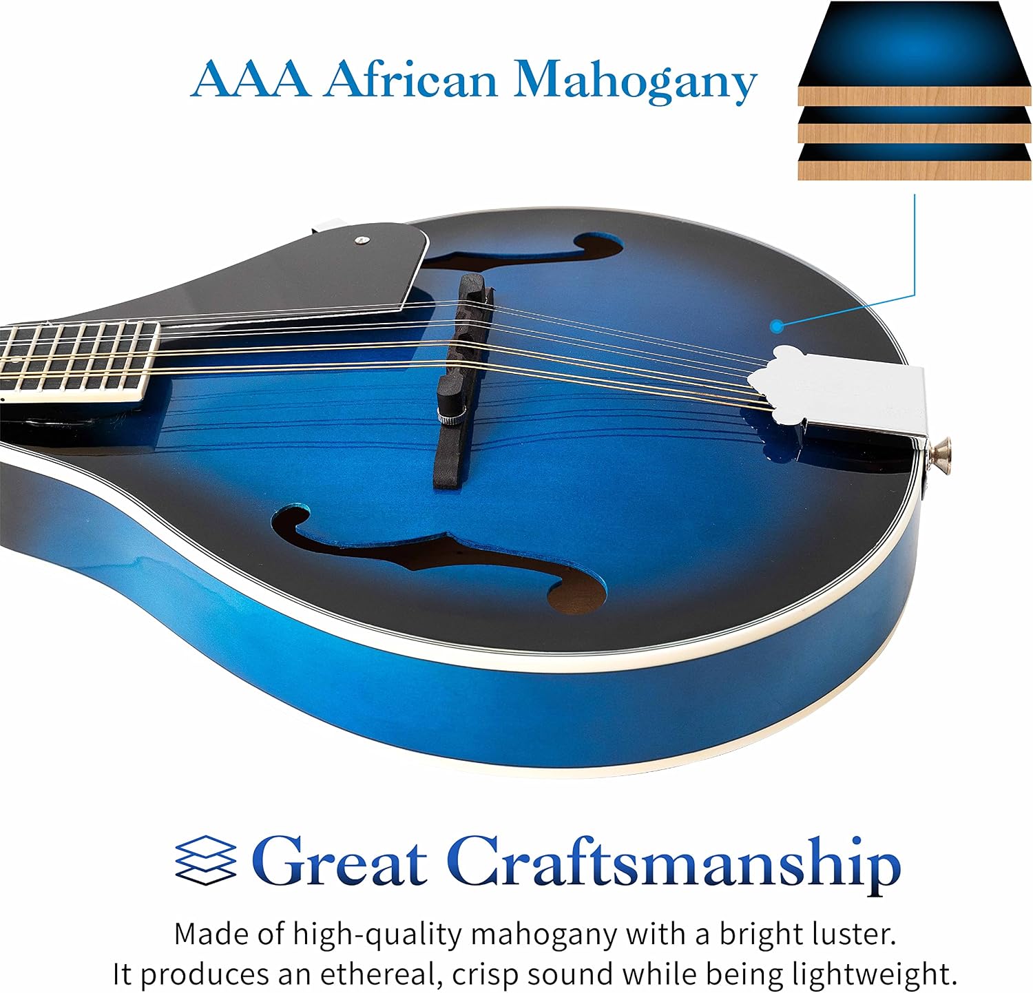 Mulucky A Style Mandolins Instrument, 8 String Acoustic Mandolin with Beginner Kit, Case, Tuner, String, Picks - Blue