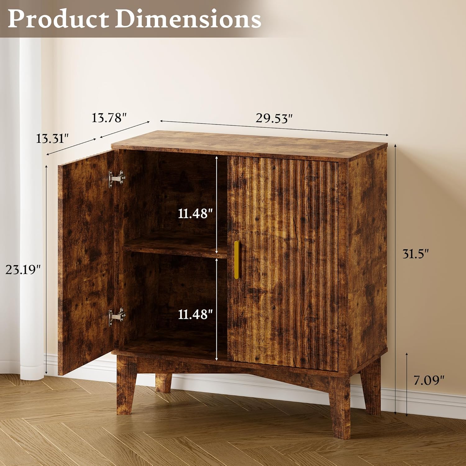BORNOON Storage Cabinet with Doors and Adjustable Shelf, Modern Fluted Sideboard Buffet Cabinet, Freestanding Coffee Bar for Kitchen, Pantry, Entryway, Living Room (Rustic Brown)