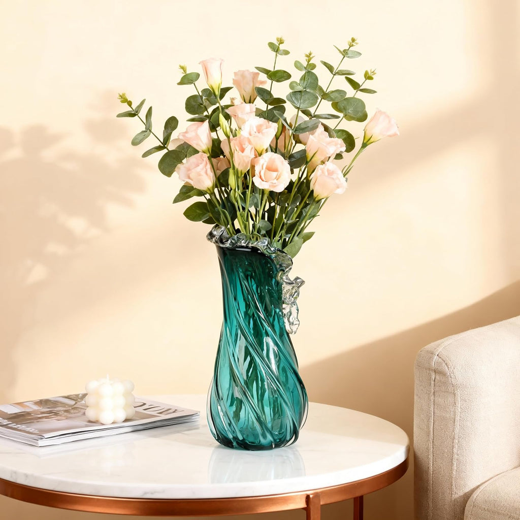 Hand Blown Blue Large Glass Vase Set - Artistic Clear Blue Vase for Coastal & Modern Home Decor, Ocean Wave Vase Design Light Luxury Style for Home Decor, Centerpiece, Office (XL)