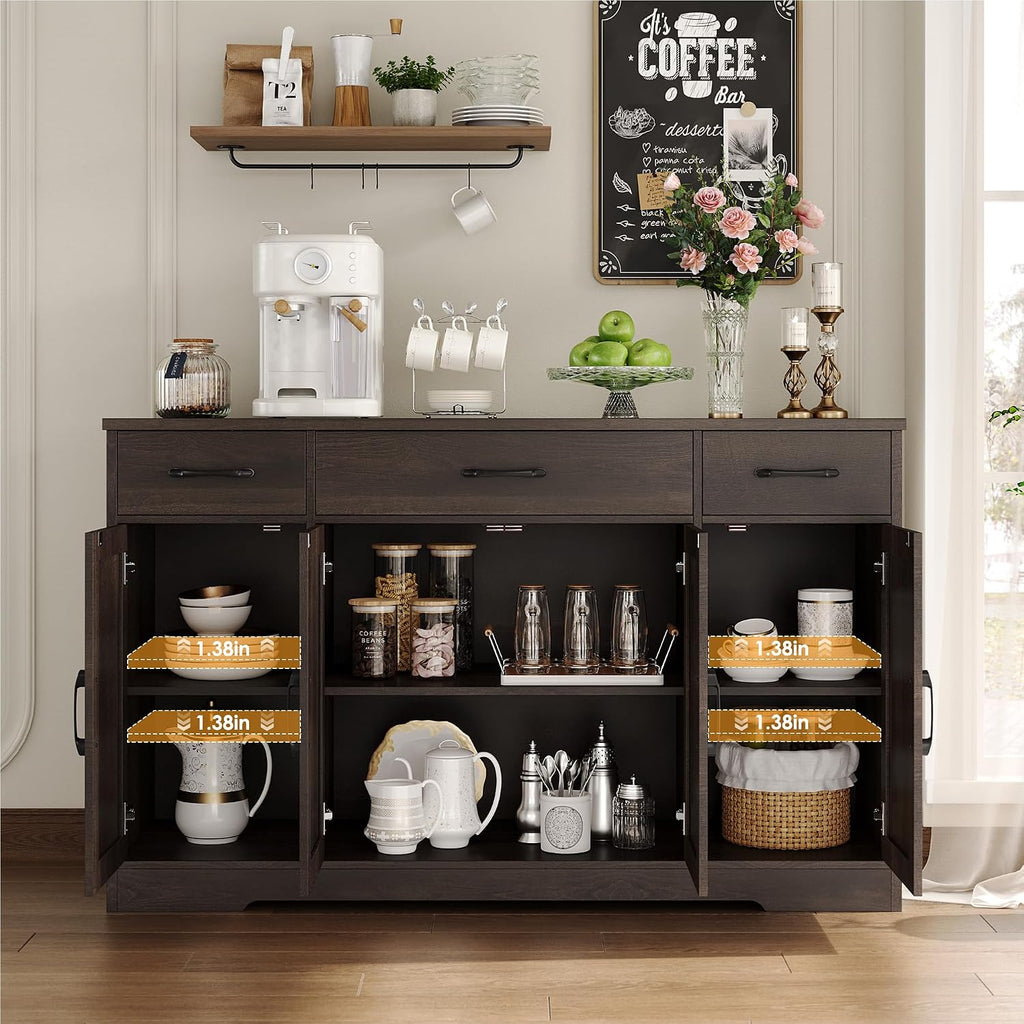 HOSTACK Buffet Cabinet with Drawers, 55' Large Sideboard Buffet Storage Cabinet with Shelves and Doors, Modern Farmhouse Coffee Bar Station Wood Kitchen Table for Kitchen, Dining Room, Dark Brown