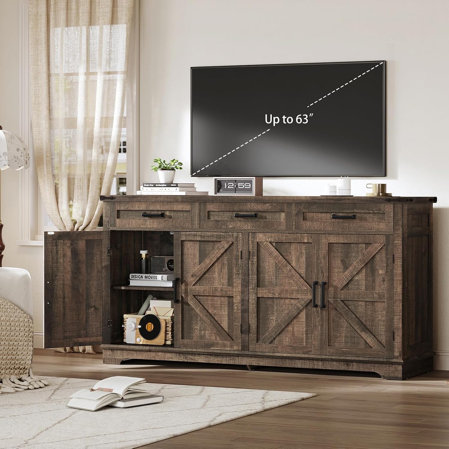 usikey Buffet Cabinet, 61' Large Sideboard Buffet Storage Cabinet with 3 Drawers, Farmhouse Coffee Bar with 4 Doors, Buffet Table for Kitchen, Living Room, Antique Oak