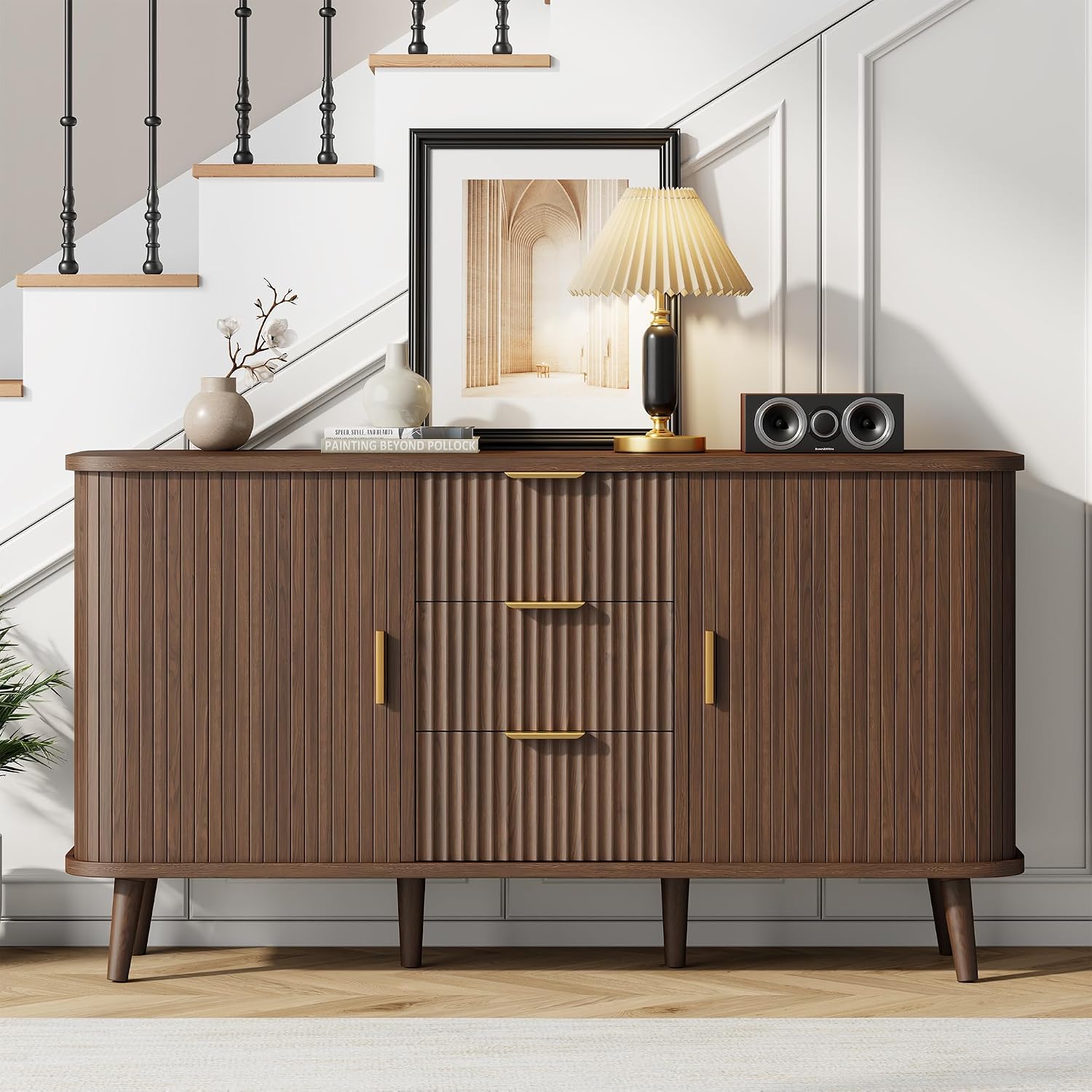 Lulive Walnut Buffet Cabinet, 55' Wide Sideboard Buffet Storage Cabinet with Rolling & Sliding Doors, Modern Bar Cabinet for Kitchen & Dining Room