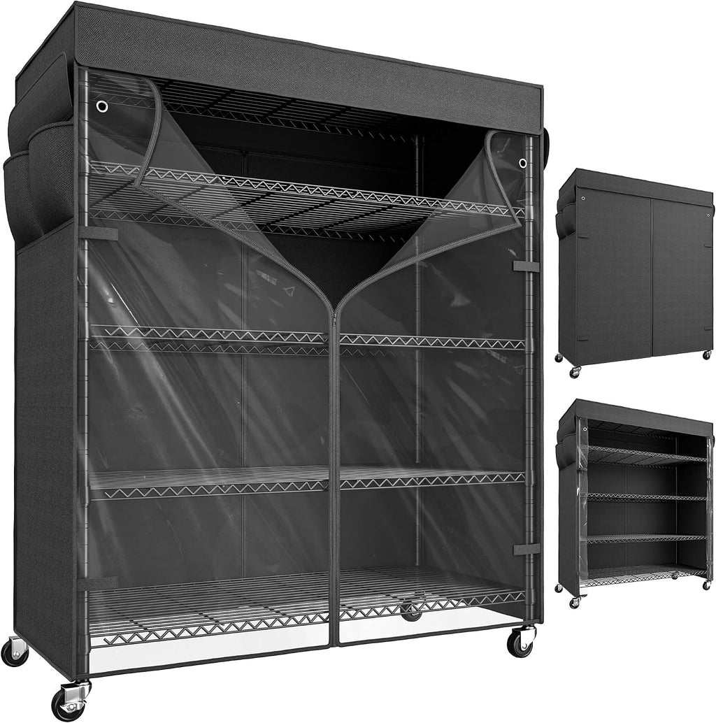 REIBII 45''W Storage Shelves with Cover & Wheels, Metal Shelving Waterproof Dustproof, Wire Shelving Unit Covers, Garage Storage Rack Wire Shelf for Kitchen Pantry, Storage Room, 45Wx17.72Dx72.83H