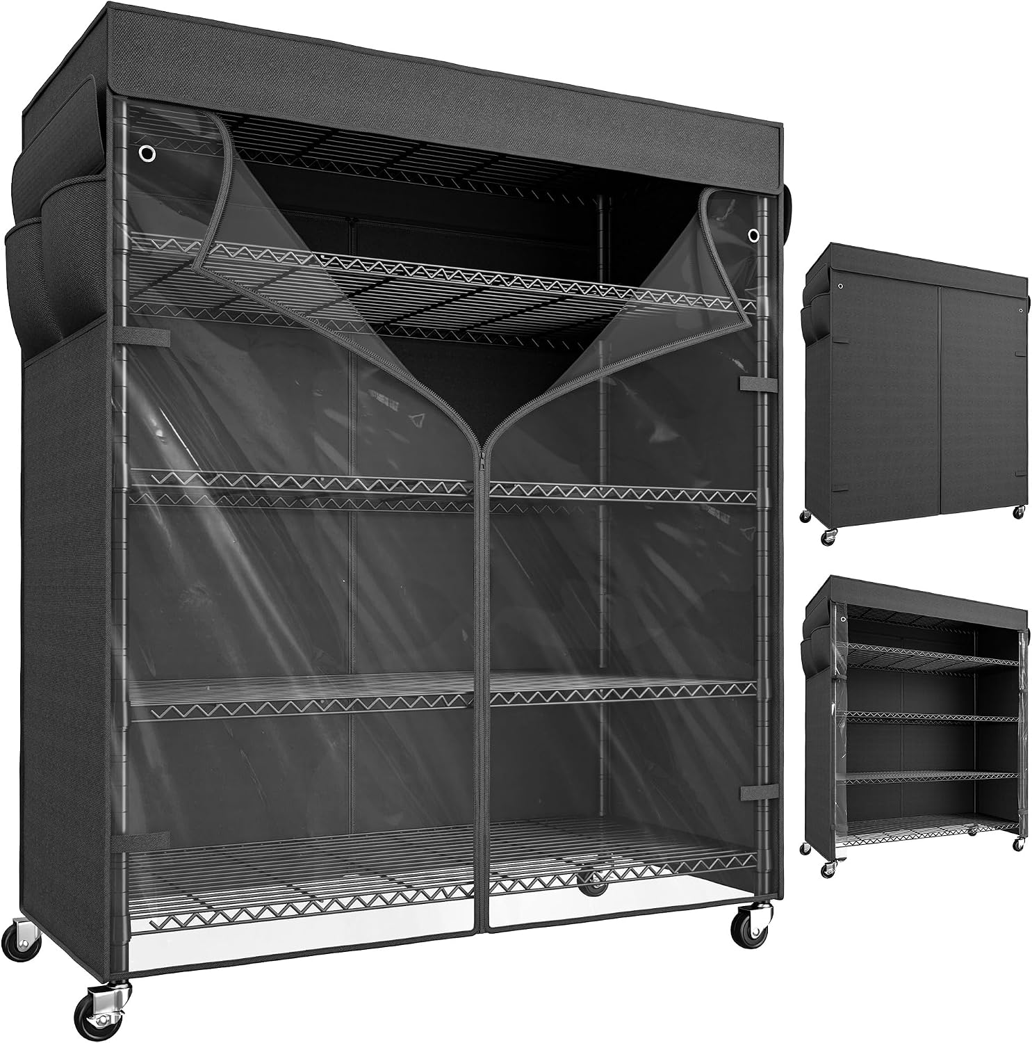 REIBII 45''W Storage Shelves with Cover & Wheels, Metal Shelving Waterproof Dustproof, Wire Shelving Unit Covers, Garage Storage Rack Wire Shelf for Kitchen Pantry, Storage Room, 45Wx17.72Dx72.83H
