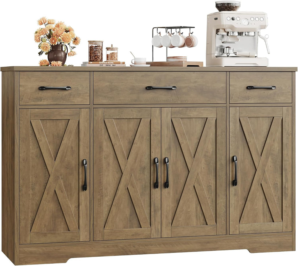 HOSTACK Buffet Sideboard Cabinet with Drawers, 55' Large Buffet Storage Cabinet with Shelves and Doors, Modern Farmhouse Coffee Bar Station Wood Kitchen Table for Kitchen, Dining Room, Rustic Brown