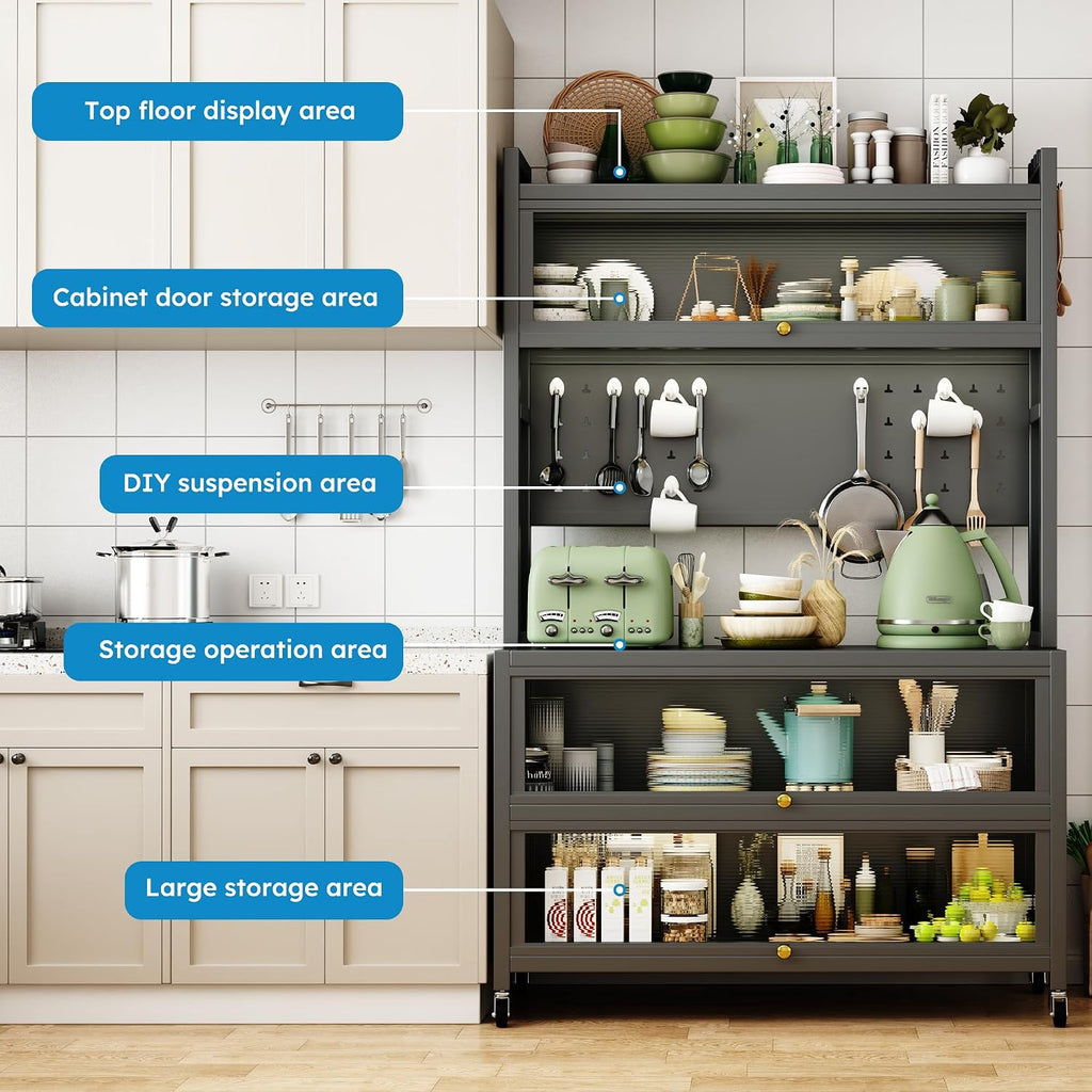 65'' Tall Kitchen Bakers Rack with Flip Door Cabinet, 5 Tier Multifunctional Microwave Stand Buffet, Coffee Bar, Quick Assembly, Gray