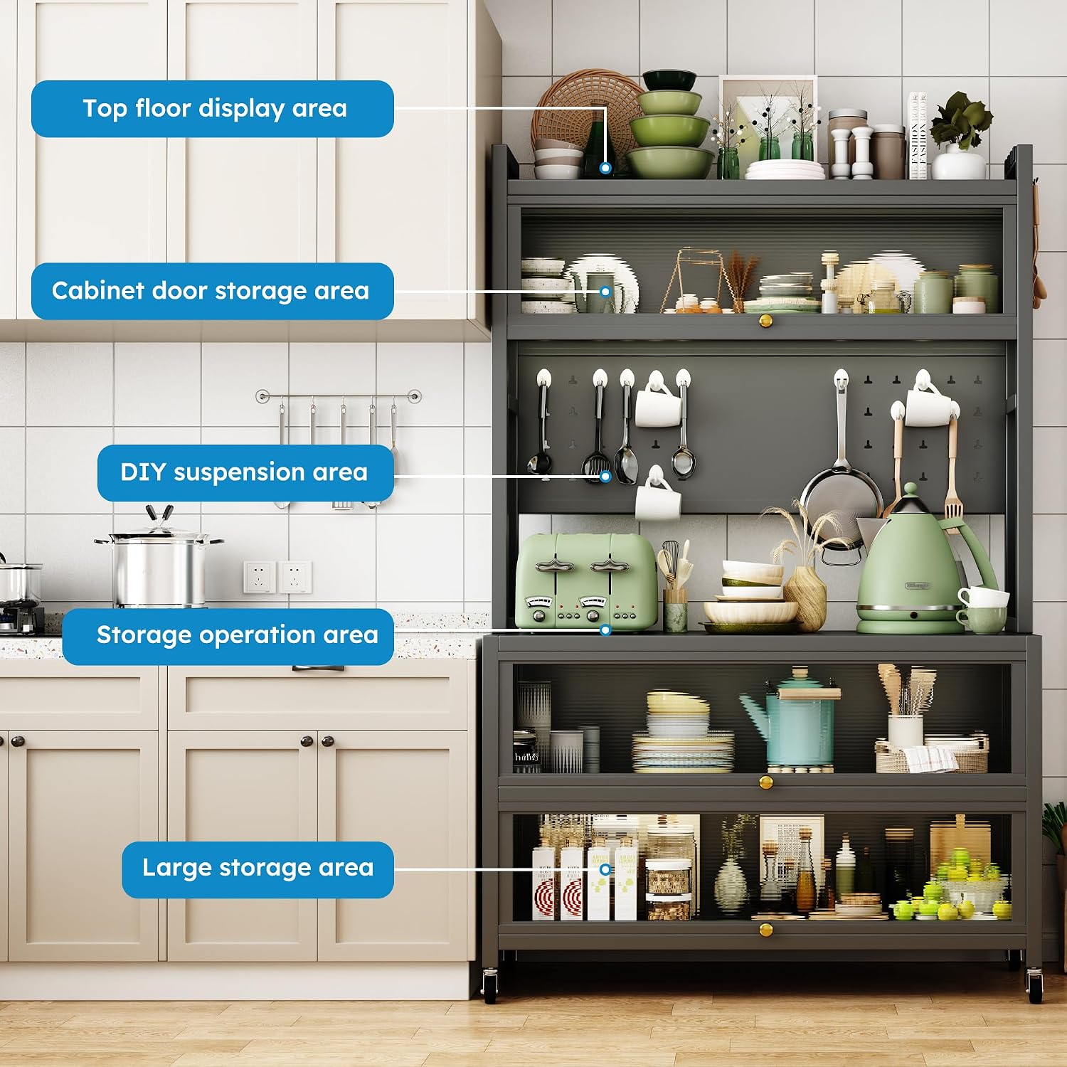 65'' Tall Kitchen Bakers Rack with Flip Door Cabinet, 5 Tier Multifunctional Microwave Stand Buffet, Coffee Bar, Quick Assembly, Gray