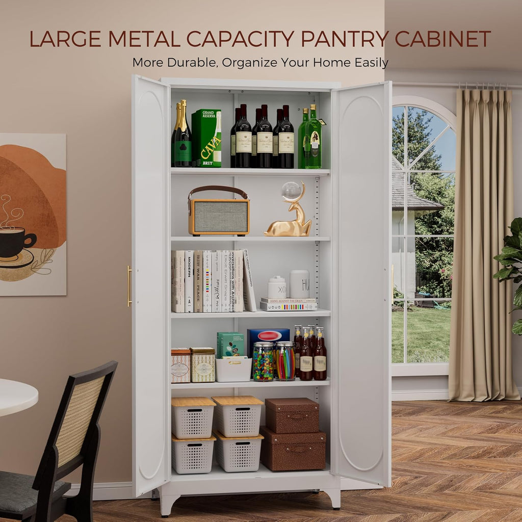 75' Tall White Metal Storage Cabinet with Doors & Adjustable Shelves, Heavy-Duty Pantry Cabinet for Kitchen, Garage, Home Office, Living Room & School