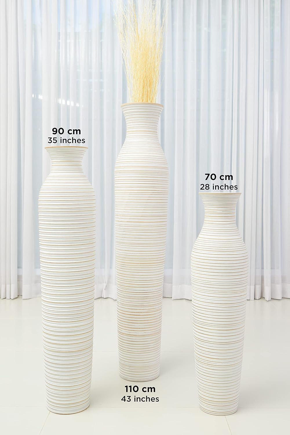 Leewadee Large White Home Decor Floor Vase - Wooden 26 inch Tall Farmhouse Decor Flower Holder for Fake Plant and Pampas Grass