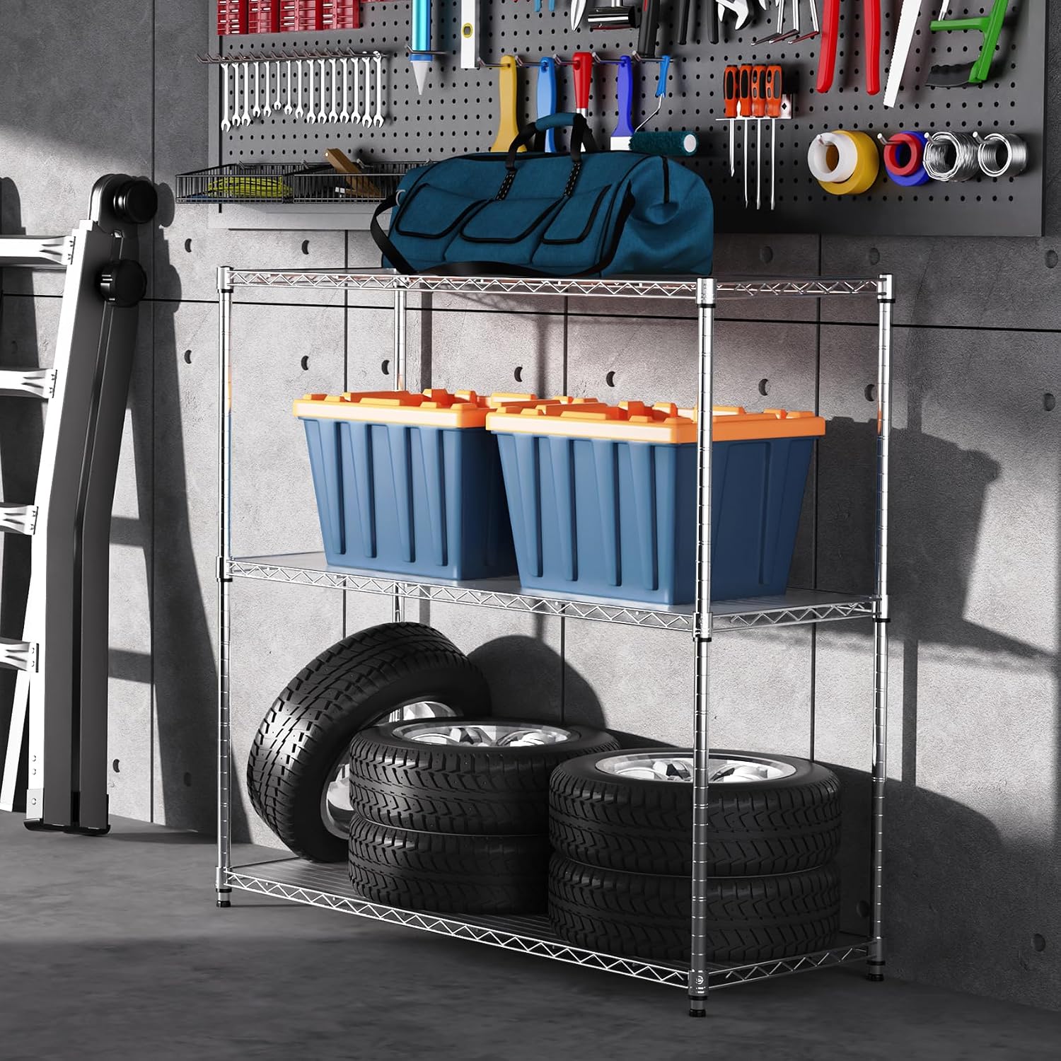 pouseayar 3 Tier NSF Metal Shelf Wire Shelving Unit, 1050lbs Capacity Heavy Duty Adjustable Storage Rack with Shelf Liners - 48' H x 48' L x 18' D for Closet Kitchen Garage Basement and More - Chrome