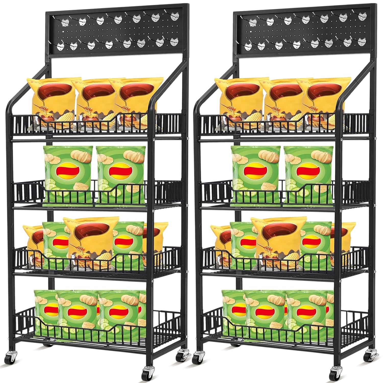 DoubleFill 2 Set Retail Display Rack Shelf Cart with Wheels and Hook Heavy-Duty Metal Snack Potato Chip Display Organizer Concession Stand for Supermarket Grocery Store Home Black (4 Tier 15 Hooks)