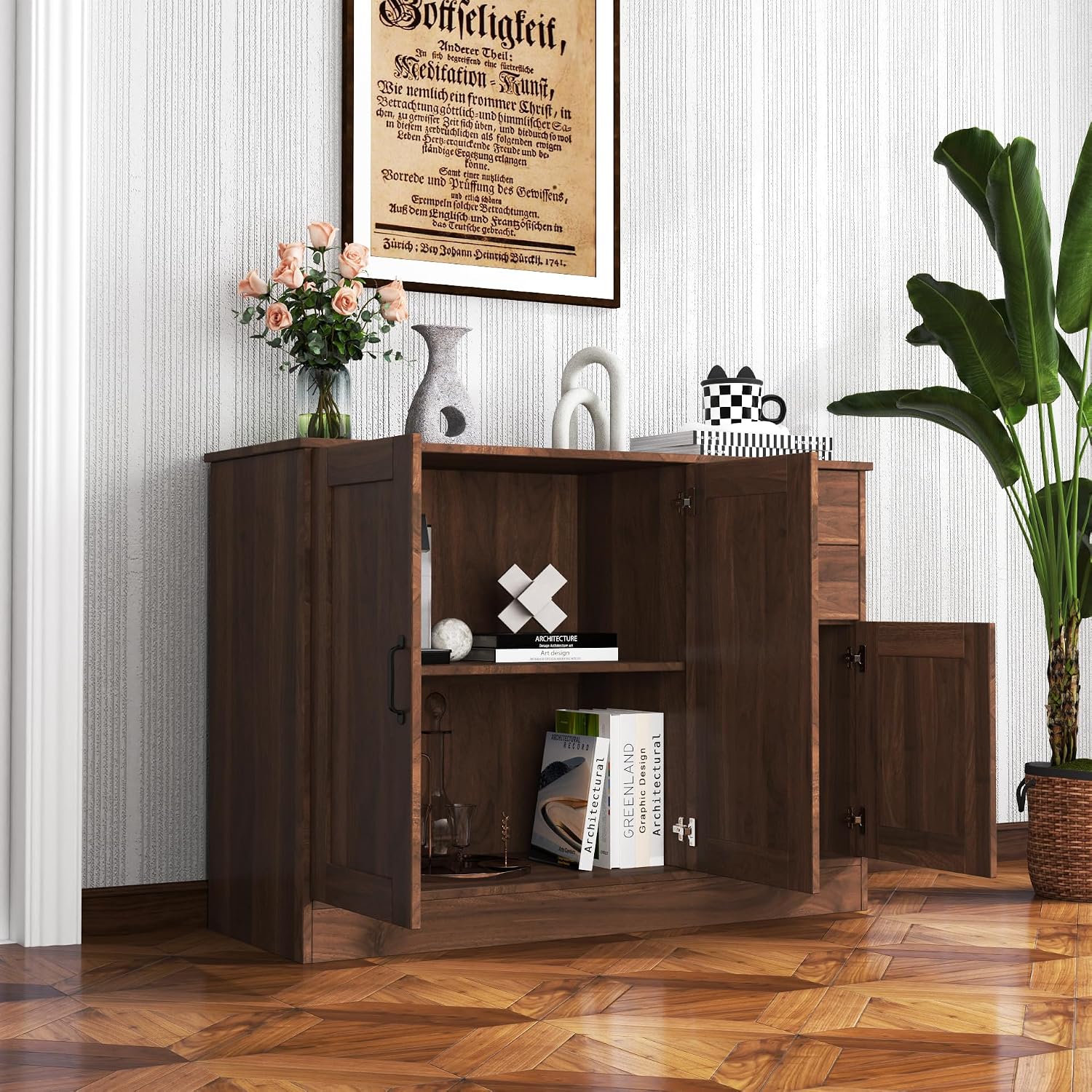 43' Modern Wood Freestanding Storage Cabinet, Kitchen Storage Bakers Rack with Easy Cleaning, Utility Food Cupboard with 2 Drawers for Dining Room, Walnut