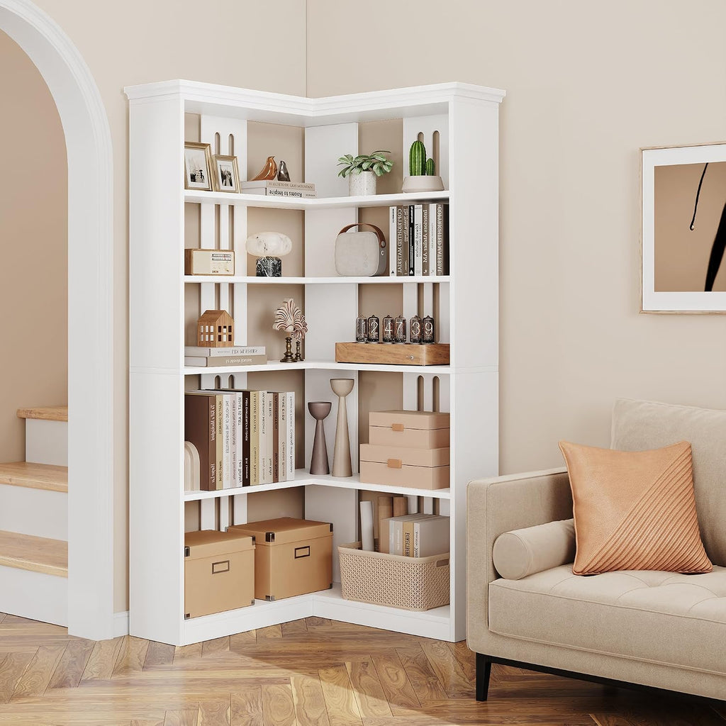 IDEALHOUSE Corner Bookshelf 72.8in Farmhouse Bookcase Large Bookshelves Wood Bookcase Tall 5 Tier Corner Shelf L Shaped Bookshelf Storage Display Rack Living Room Bedroom (White, Half Panel)
