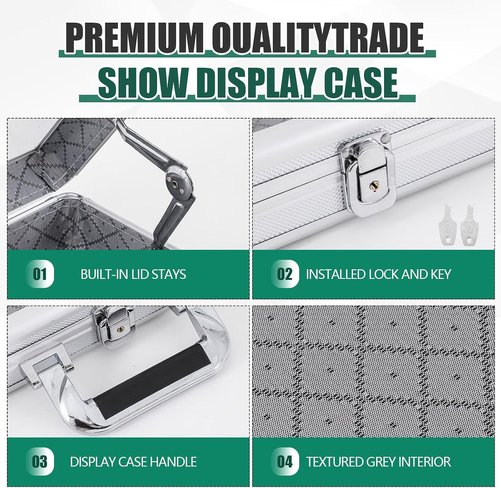 2 Pcs Card Show Display Case Trade Show Display Case Sport Aluminum Glass Table Top Portable Box with Clear Acrylic Showcase with Lock for Jewelry Craft Collect