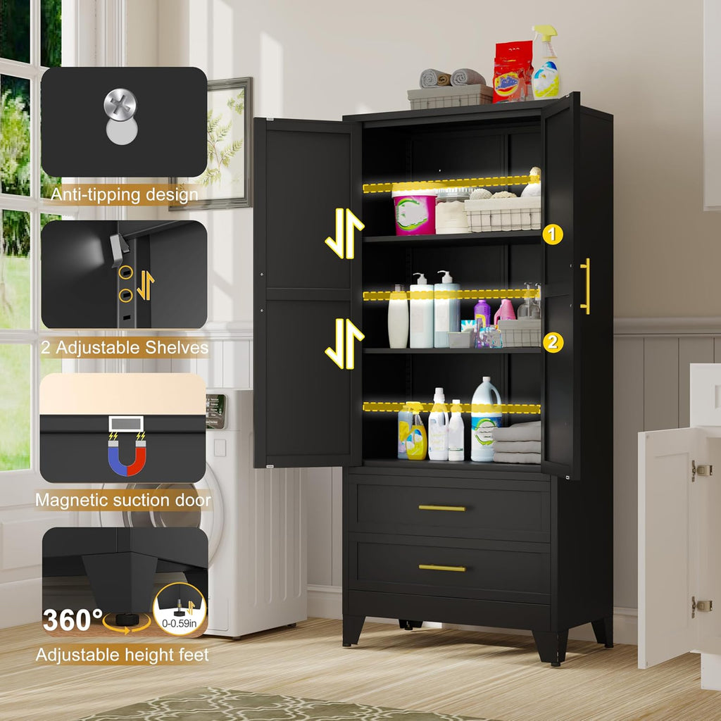 GAIOUS Steel Pantry Cabinet, 71' Metal Storage Cabinets with 2 Doors, 2 Adjustable Shelf and 2 Drawers, Freestanding Storage Cabinet for Bedroom, Kitchen, Home Office (Black)